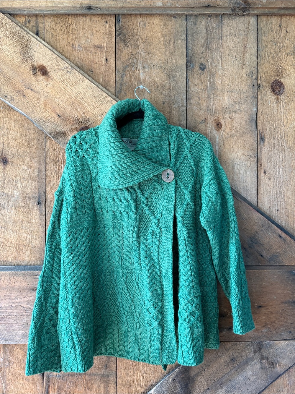Green Cable-Knit Shawl-Collar Cardigan Sweater